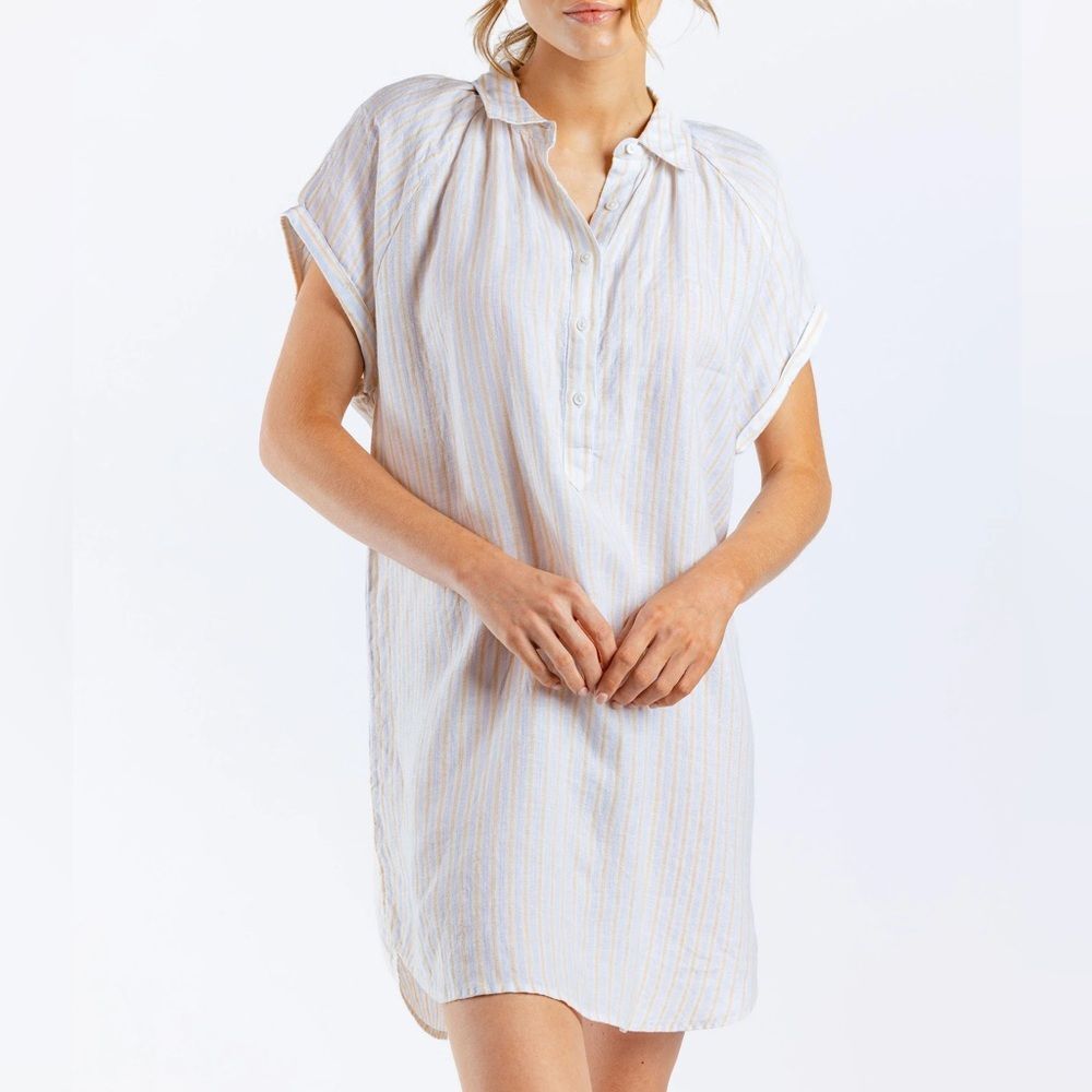 Sundays Striped White Blue Women's Ashby Dress Skyway Stripe Sundays 100% Linen